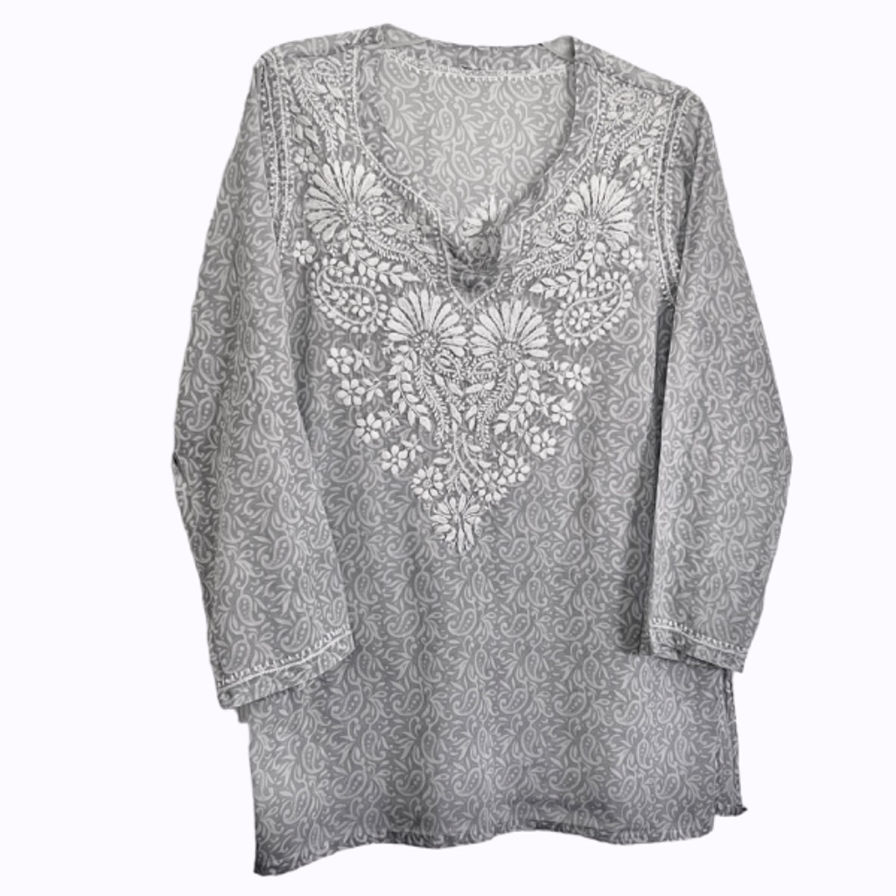 Organic Cotton Emerson Fry India Size XS Blue & White Embroidered Tunic Blouse